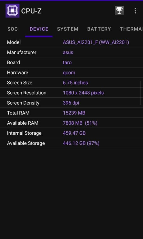 CPU-Z Device ROG Phone 6 Diablo
